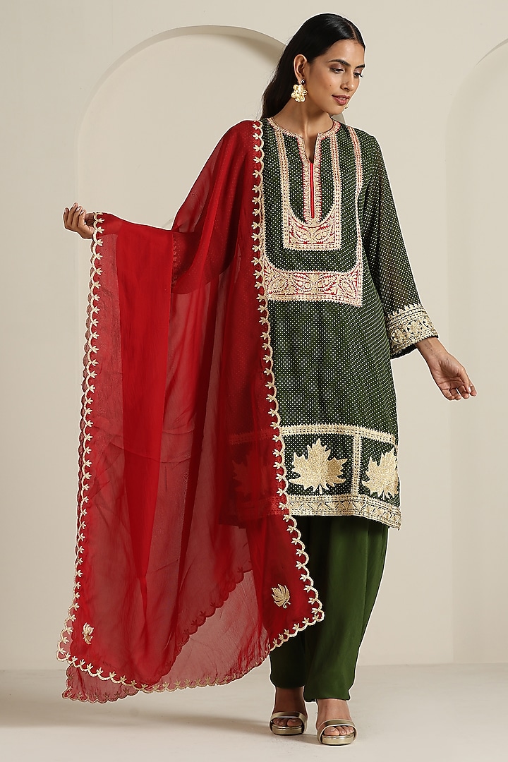 Green & Red Crepe Georgette Kashmiri Tilla Embroidered Kurta Set by Wazir C