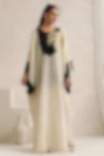 Off-White & Black Silk Kashmiri Tilla Embroidered Abaya by Wazir C at Pernia's Pop Up Shop