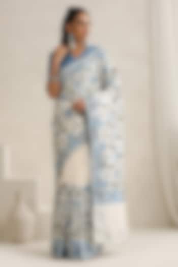 Off-White & Blue Silk Kashmiri Aari Embroidered Party Wear Saree Set by Wazir C at Pernia's Pop Up Shop