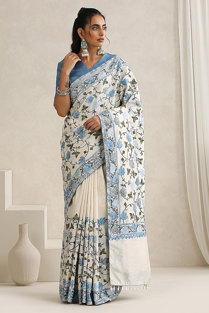 Off-White & Blue Silk Kashmiri Aari Embroidered Party Wear Saree Set by Wazir C at Pernia's Pop Up Shop