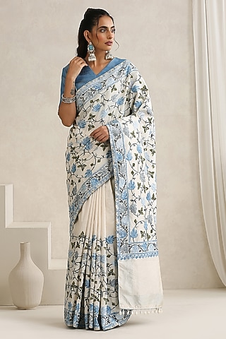 Off-White & Blue Silk Kashmiri Aari Embroidered Saree Set by Wazir C