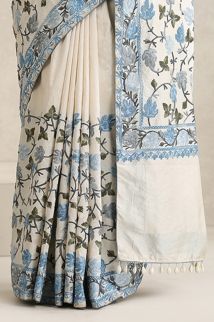 Off-White & Blue Silk Kashmiri Aari Embroidered Party Wear Saree Set by Wazir C at Pernia's Pop Up Shop