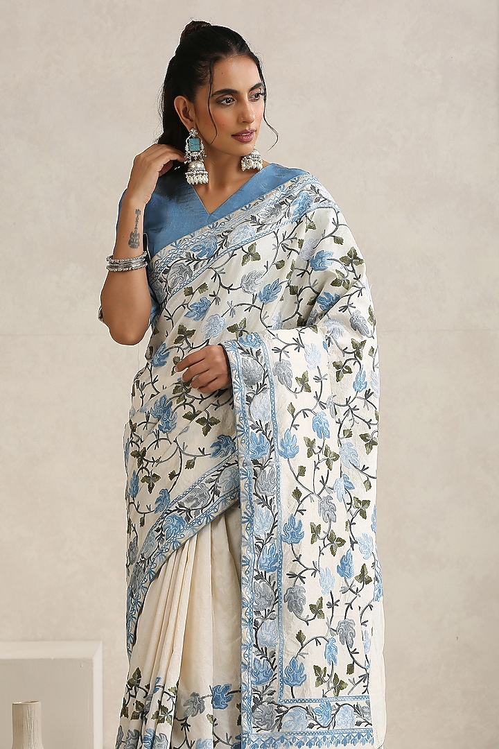 Off-White & Blue Silk Kashmiri Aari Embroidered Party Wear Saree Set by Wazir C at Pernia's Pop Up Shop