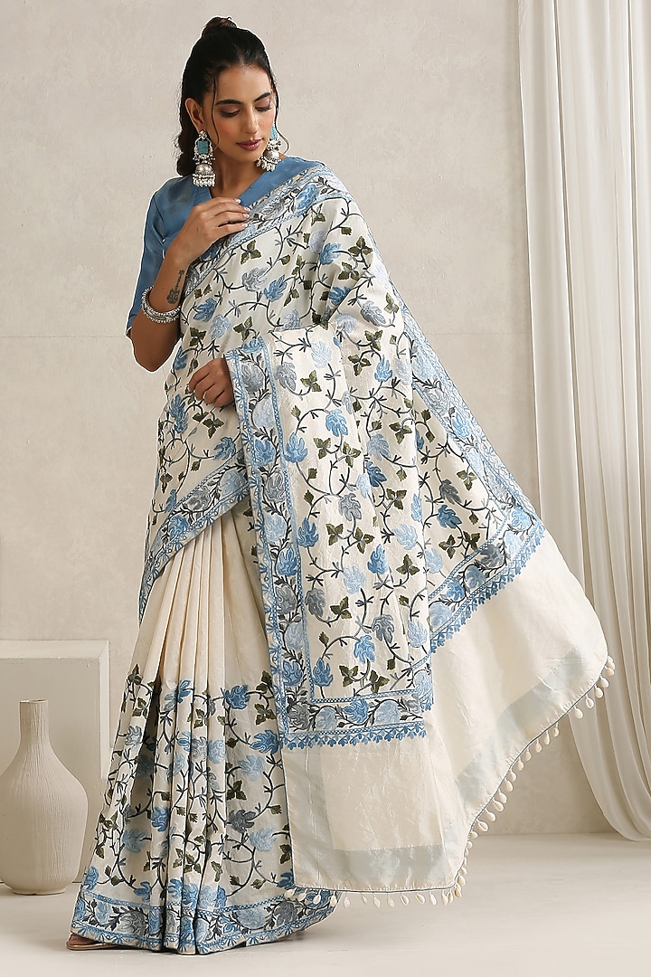 Off-White & Blue Silk Kashmiri Aari Embroidered Party Wear Saree Set by Wazir C at Pernia's Pop Up Shop
