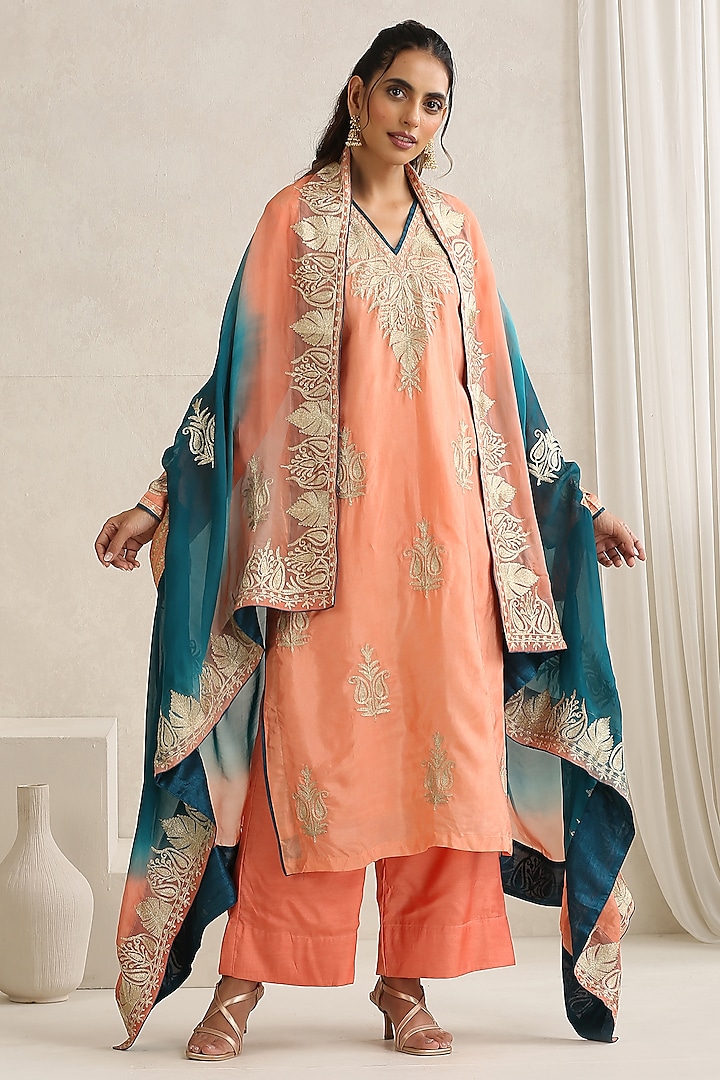 Peach & Teal Organza Kashmiri Tilla Embroidered Cape Set by Wazir C at Pernia's Pop Up Shop
