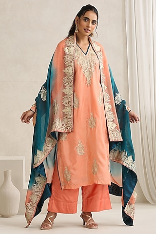 Peach & Teal Organza Kashmiri Tilla Embroidered Cape Set by Wazir C