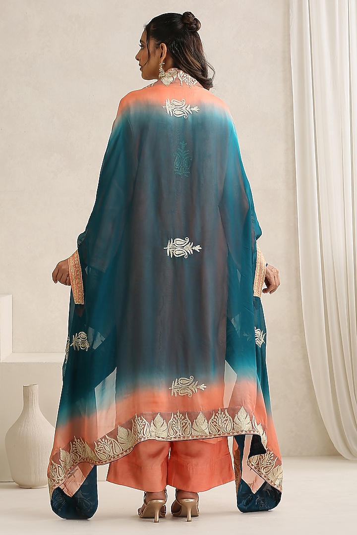 Peach & Teal Organza Kashmiri Tilla Embroidered Cape Set by Wazir C at Pernia's Pop Up Shop