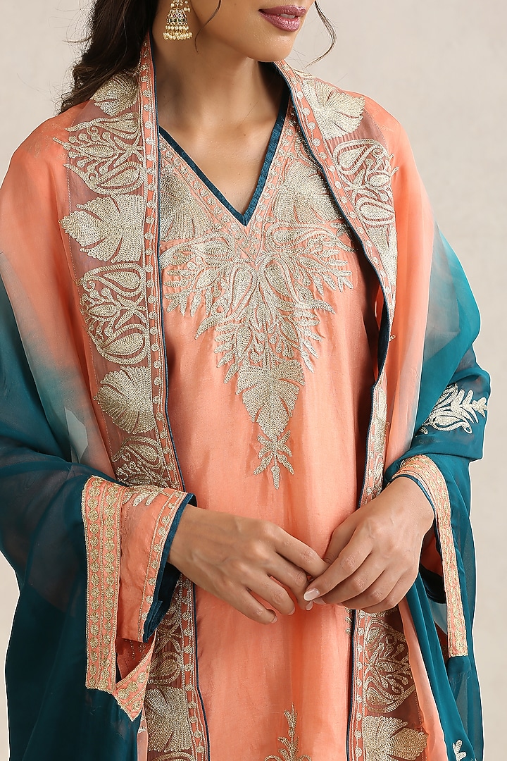 Peach & Teal Organza Kashmiri Tilla Embroidered Cape Set by Wazir C at Pernia's Pop Up Shop
