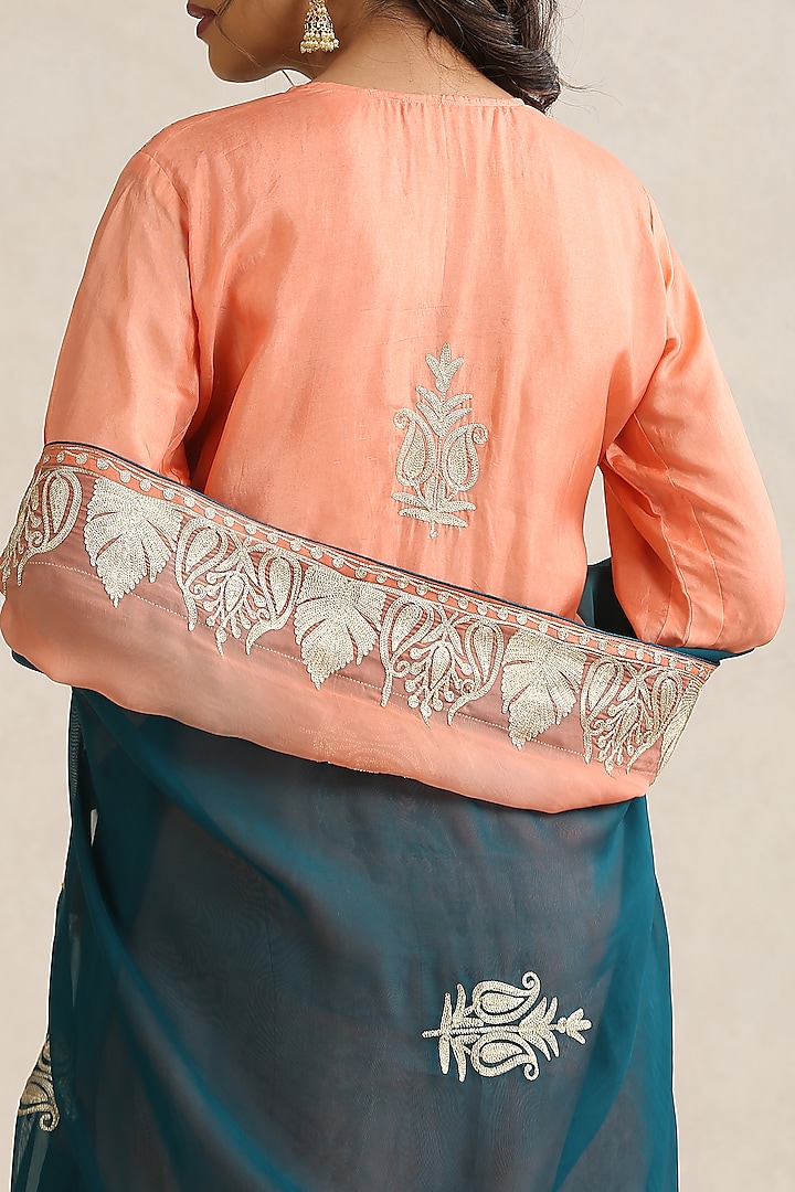 Peach & Teal Organza Kashmiri Tilla Embroidered Cape Set by Wazir C at Pernia's Pop Up Shop