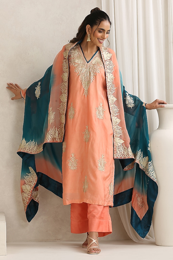 Peach & Teal Organza Kashmiri Tilla Embroidered Cape Set by Wazir C at Pernia's Pop Up Shop
