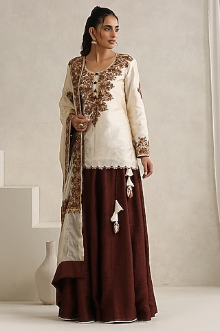 Brown Silk Kashmiri Aari Embroidered Lehenga Set by Wazir C