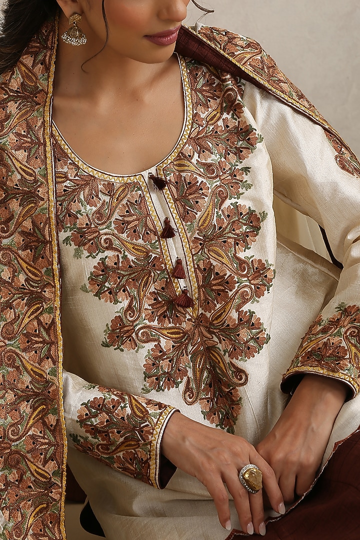 Brown Silk Kashmiri Aari Embroidered Lehenga Set by Wazir C at Pernia's Pop Up Shop