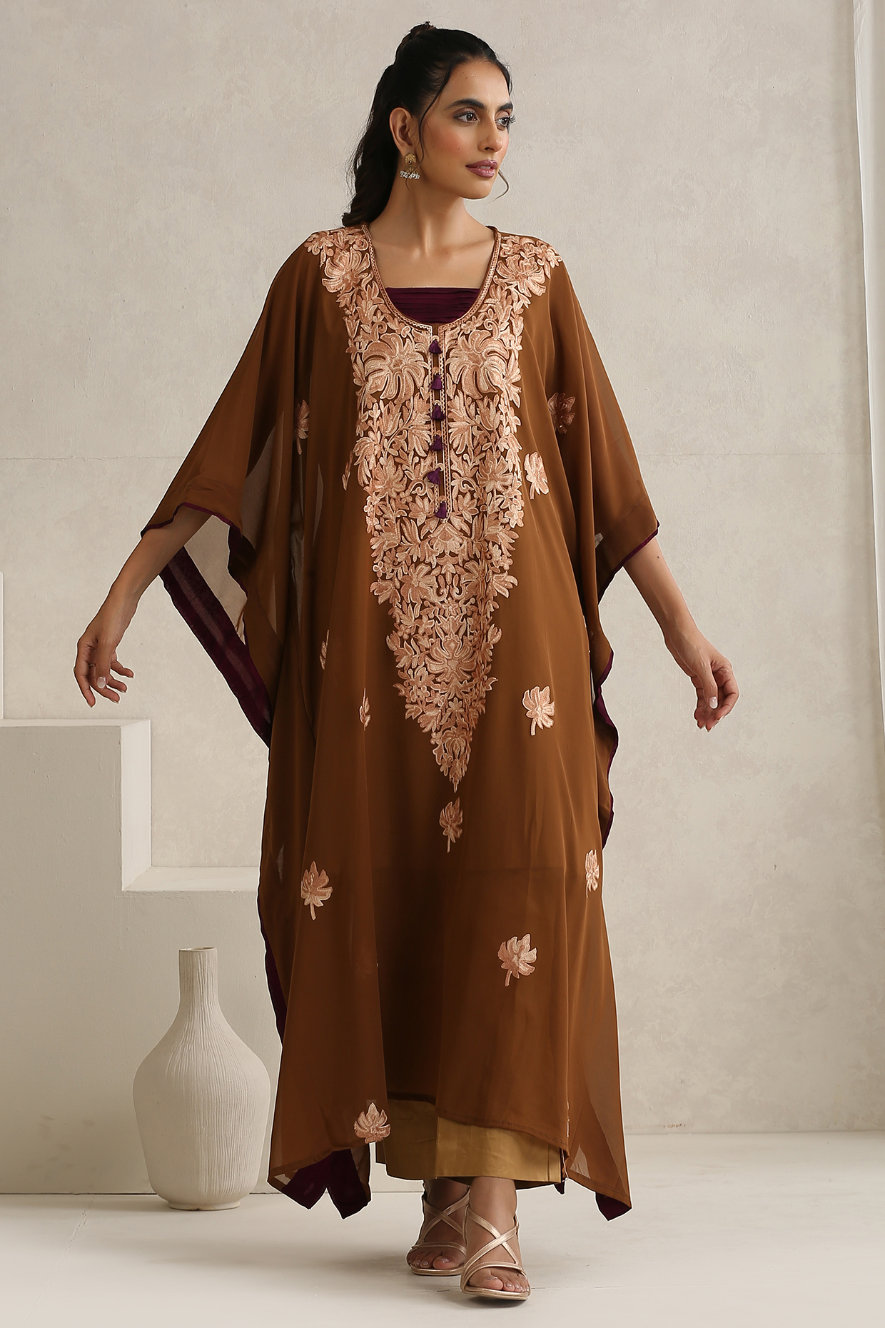 Brown & Beige Georgette Kashmiri Aari Embroidered Kaftan Set by Wazir C at Pernia's Pop Up Shop