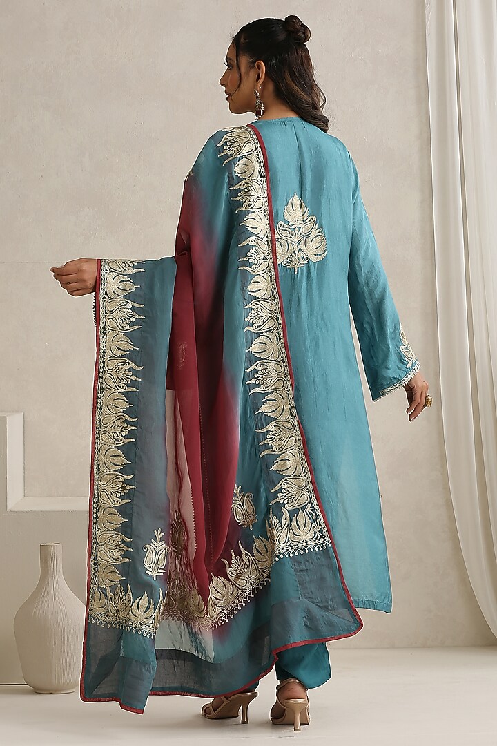 Blue Silk & Cotton Kashmiri Tilla Embroidered Kurta Set by Wazir C at Pernia's Pop Up Shop