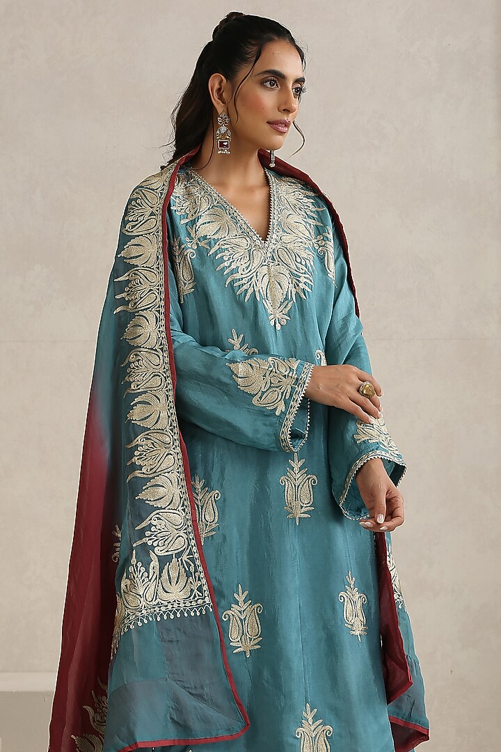 Blue Silk & Cotton Kashmiri Tilla Embroidered Kurta Set by Wazir C at Pernia's Pop Up Shop