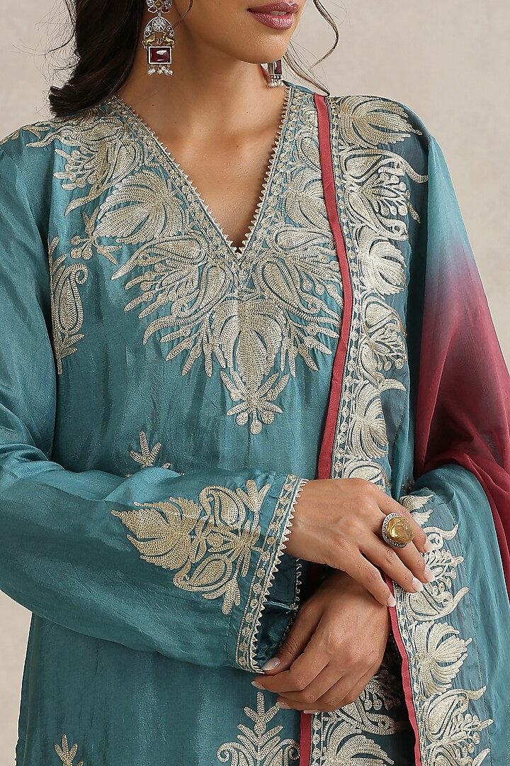 Blue Silk & Cotton Kashmiri Tilla Embroidered Kurta Set by Wazir C at Pernia's Pop Up Shop