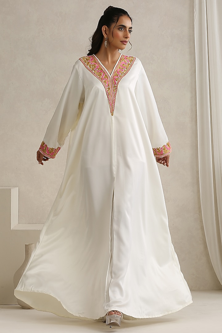 White Satin Kashmiri Aari Embroidered Abaya by Wazir C at Pernia's Pop Up Shop