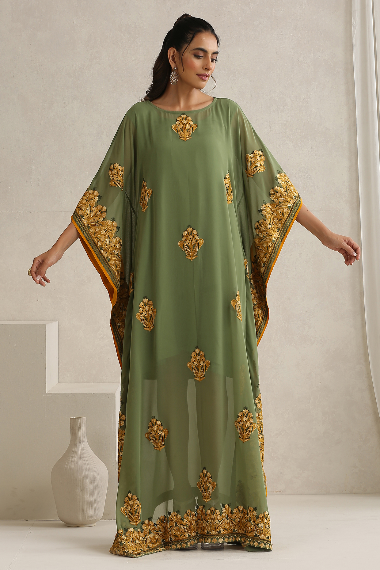 Green Satin & Georgette Kashmiri Aari Embroidered Kaftan by Wazir C at Pernia's Pop Up Shop
