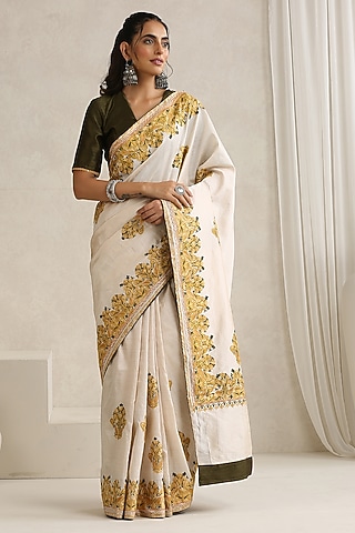 Off-White Silk Kashmiri Aari Embroidered Saree Set by Wazir C