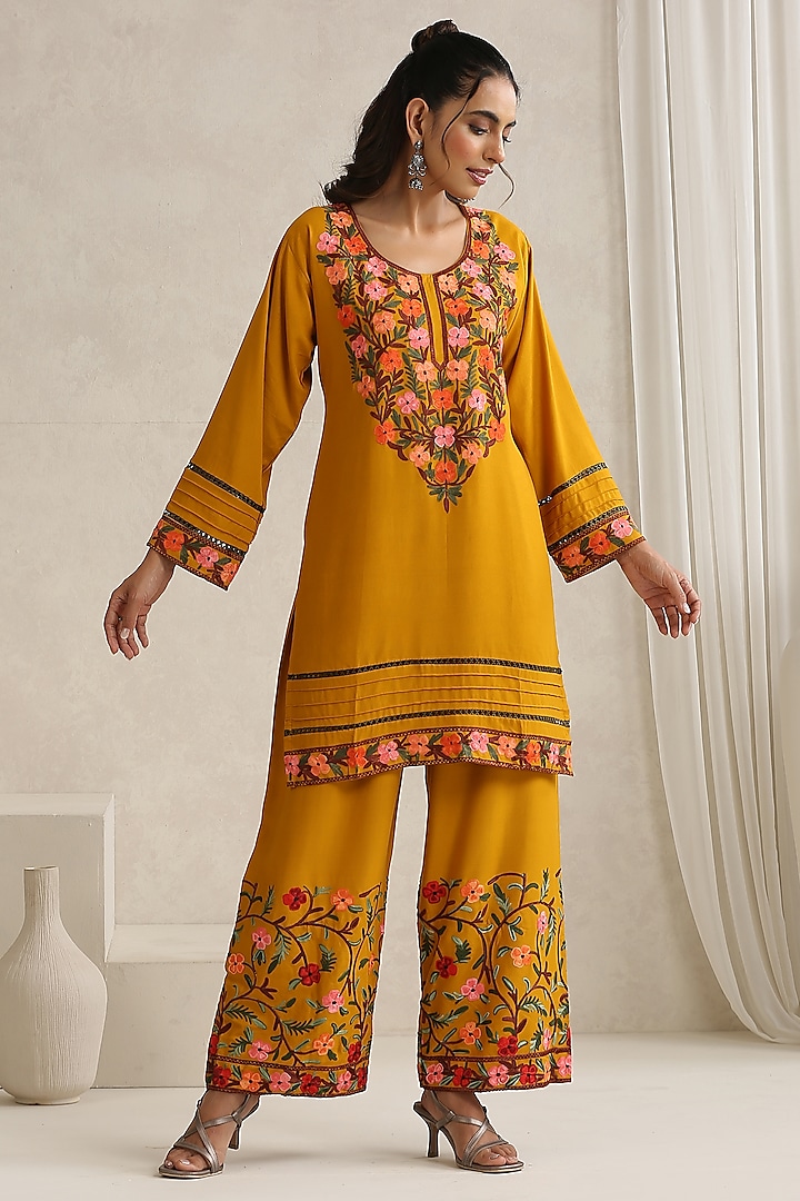 Mustard Rayon Kashmiri Aari Embroidered Co-Ord Set by Wazir C at Pernia's Pop Up Shop