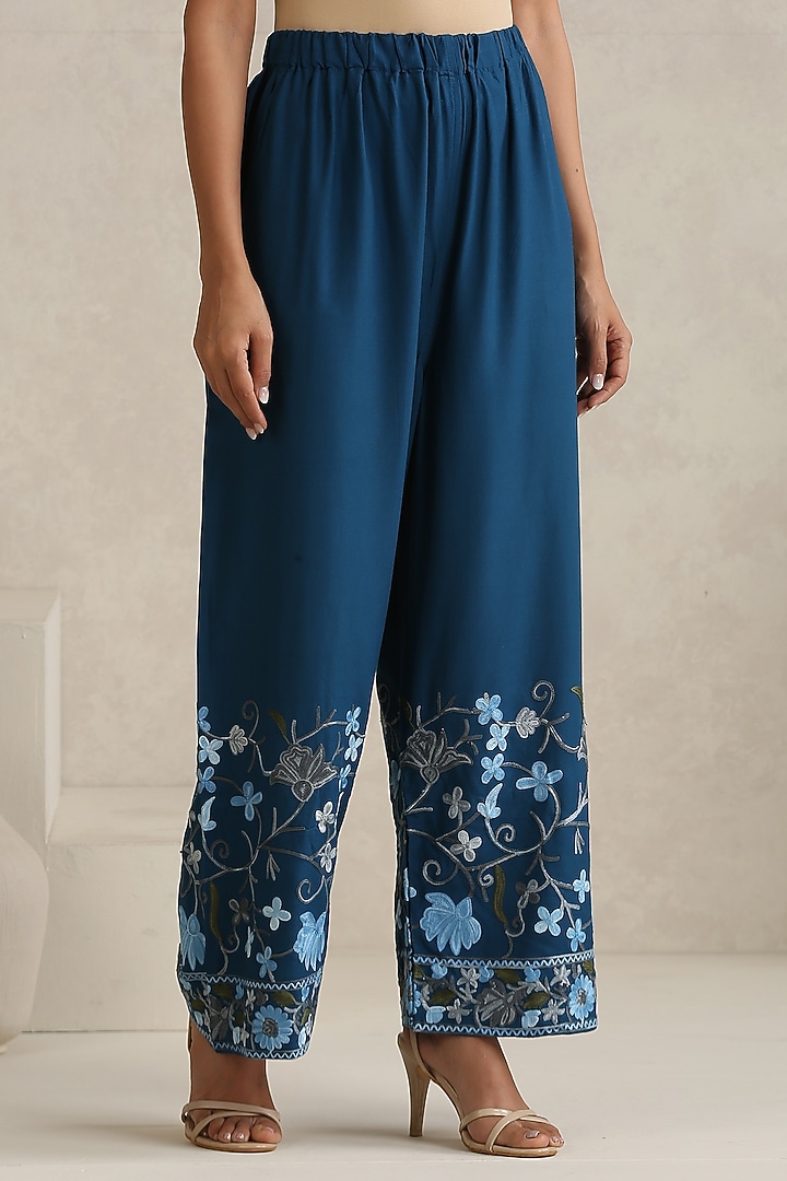 Blue & Green Rayon Kashmiri Aari Embroidered Kurta Set by Wazir C at Pernia's Pop Up Shop