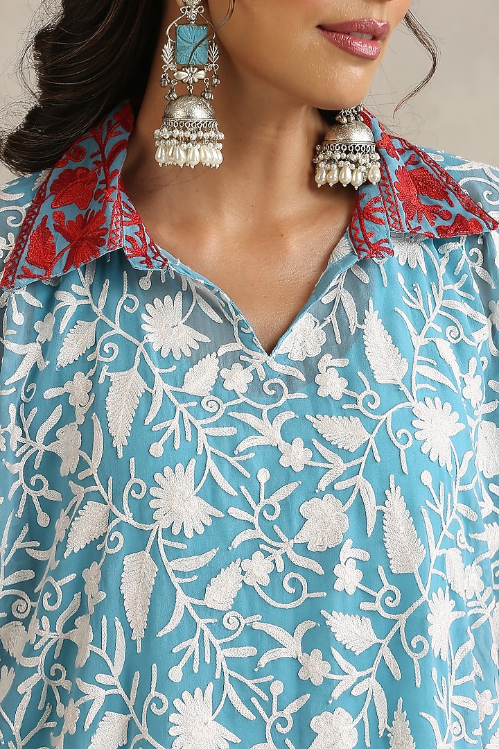 Sky Blue & White Georgette Kashmiri Aari Embroidered Kurta Set by Wazir C at Pernia's Pop Up Shop