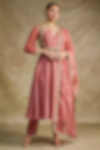 Pink Muslin & Organza Tilla Embroidered Anarkali Set by Wazir C at Pernia's Pop Up Shop