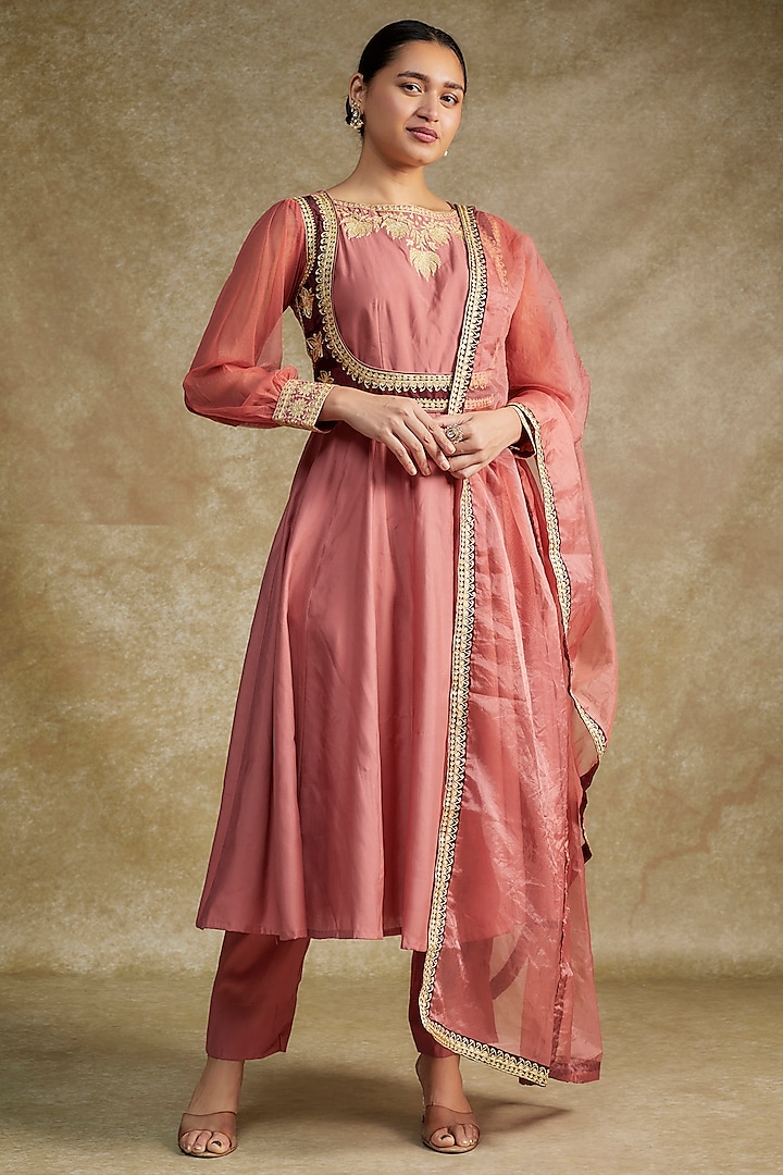 Pink Muslin & Organza Tilla Embroidered Anarkali Set by Wazir C at Pernia's Pop Up Shop