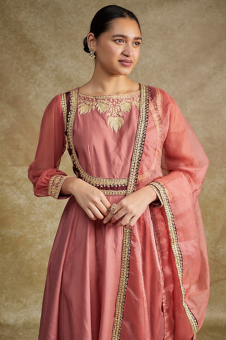 Pink Muslin & Organza Tilla Embroidered Party Wear Anarkali Set by Wazir C at Pernia's Pop Up Shop