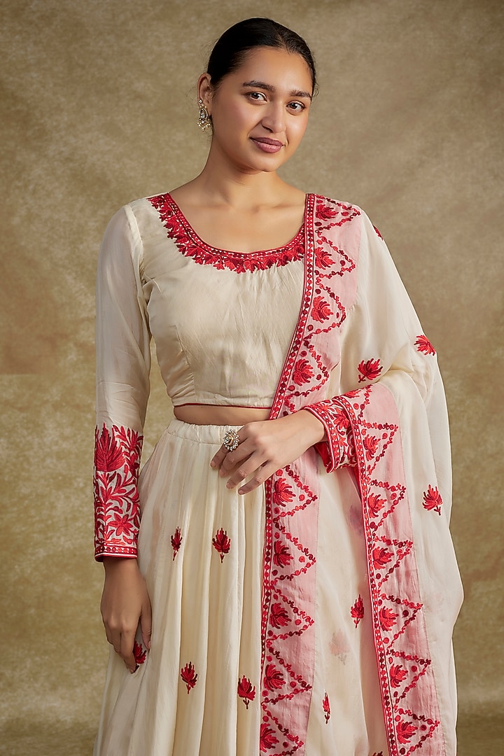 Off-White Crepe & Silk Kashmiri Embroidered Wedding Lehenga Set by Wazir C at Pernia's Pop Up Shop