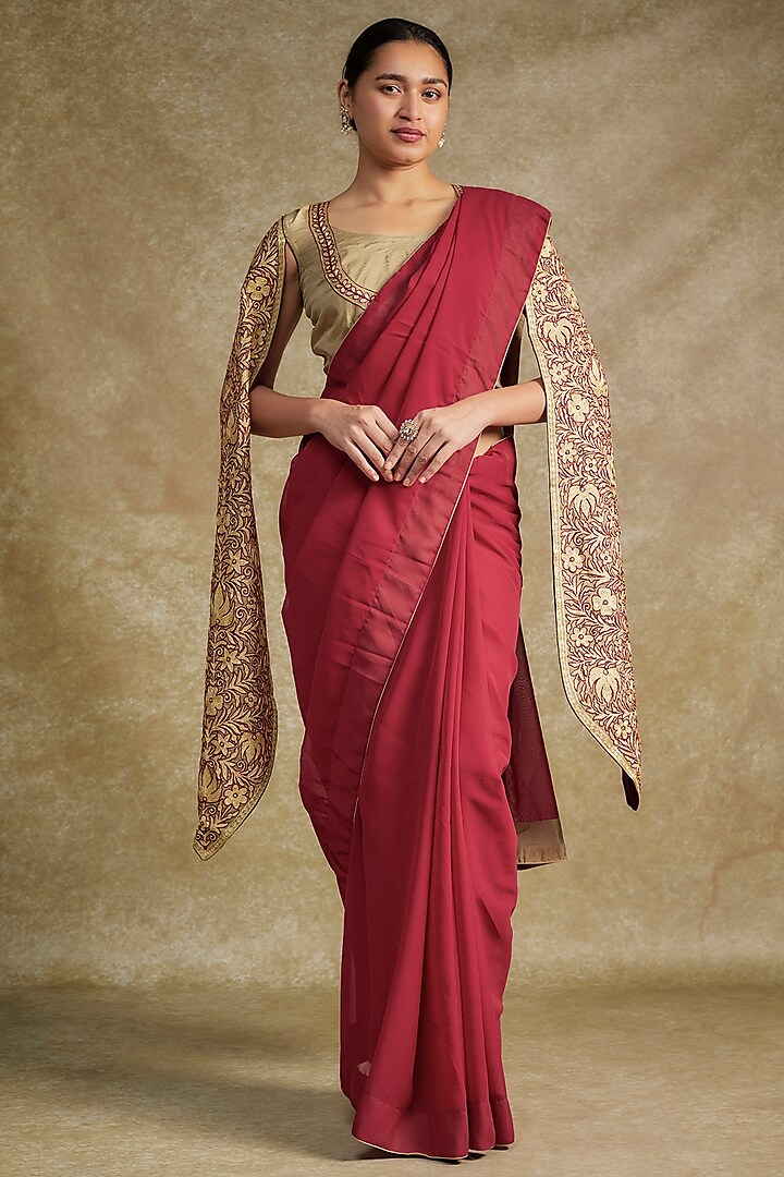 Maroon Silk & Georgette Tilla Embroidered Saree Set by Wazir C at Pernia's Pop Up Shop