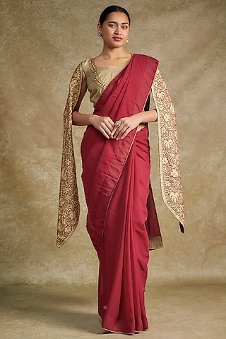 Maroon Silk & Georgette Tilla Embroidered Saree Set by Wazir C