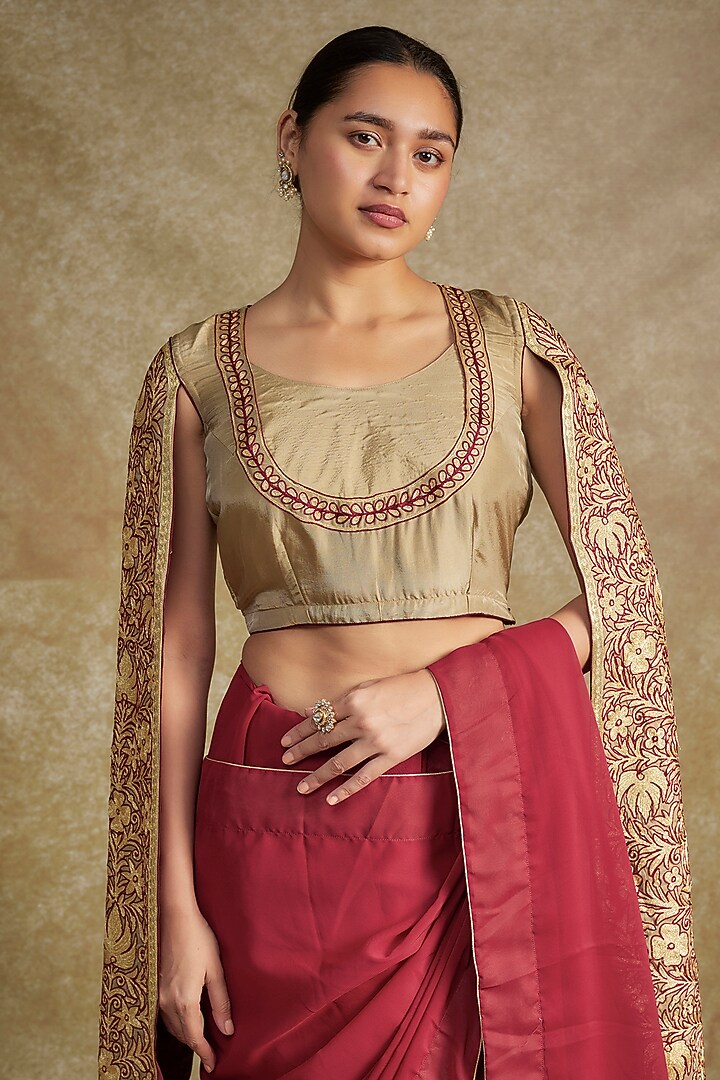 Maroon Silk & Georgette Tilla Embroidered Party Wear Saree Set by Wazir C at Pernia's Pop Up Shop