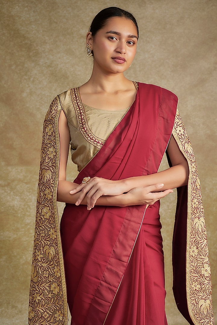 Maroon Silk & Georgette Tilla Embroidered Party Wear Saree Set by Wazir C at Pernia's Pop Up Shop