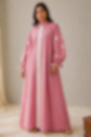 Pink Linen Aari Embroidered Maxi Summer Dress by Wazir C at Pernia's Pop Up Shop