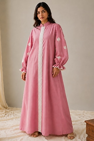 Pink Linen Aari Embroidered Maxi Dress by Wazir C