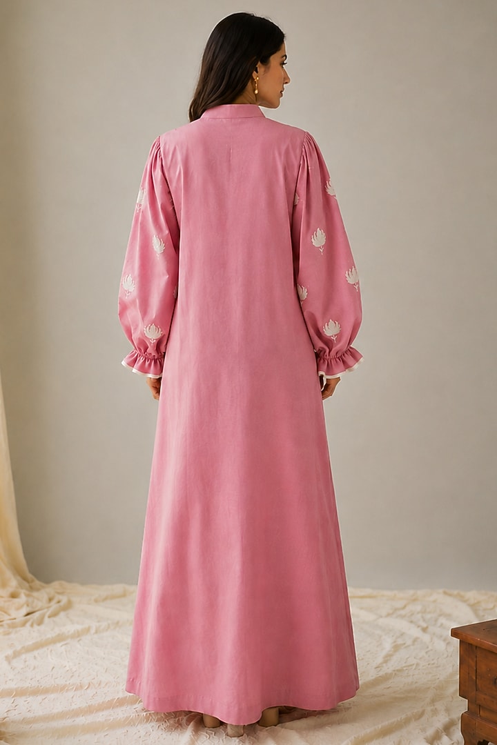 Pink Linen Aari Embroidered Maxi Summer Dress by Wazir C at Pernia's Pop Up Shop