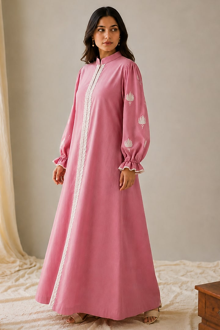 Pink Linen Aari Embroidered Maxi Summer Dress by Wazir C at Pernia's Pop Up Shop