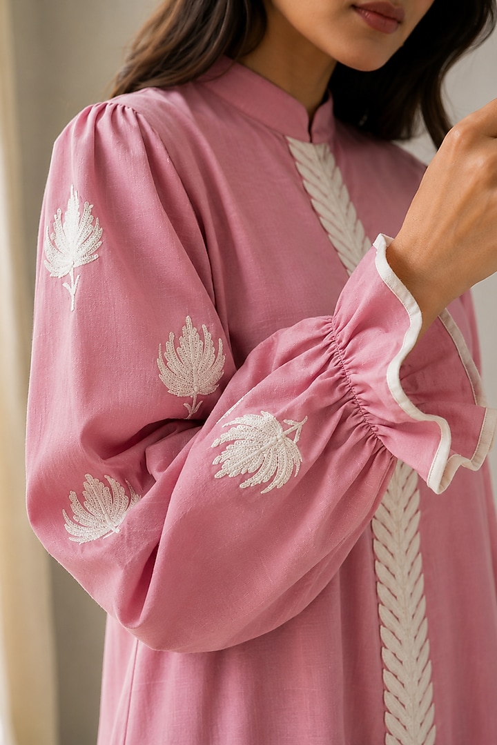 Pink Linen Aari Embroidered Maxi Summer Dress by Wazir C at Pernia's Pop Up Shop