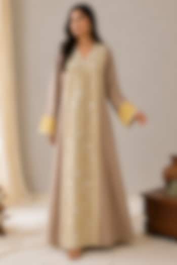 Beige & Yellow Linen Aari Embroidered Maxi Summer Dress by Wazir C at Pernia's Pop Up Shop