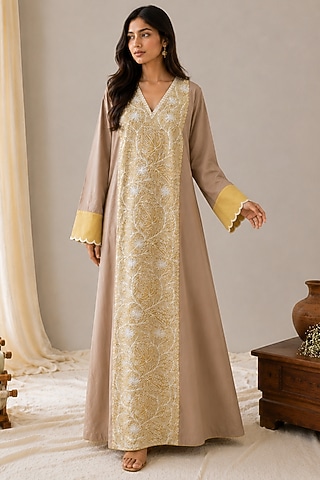 Beige & Yellow Linen Aari Embroidered Maxi Dress by Wazir C