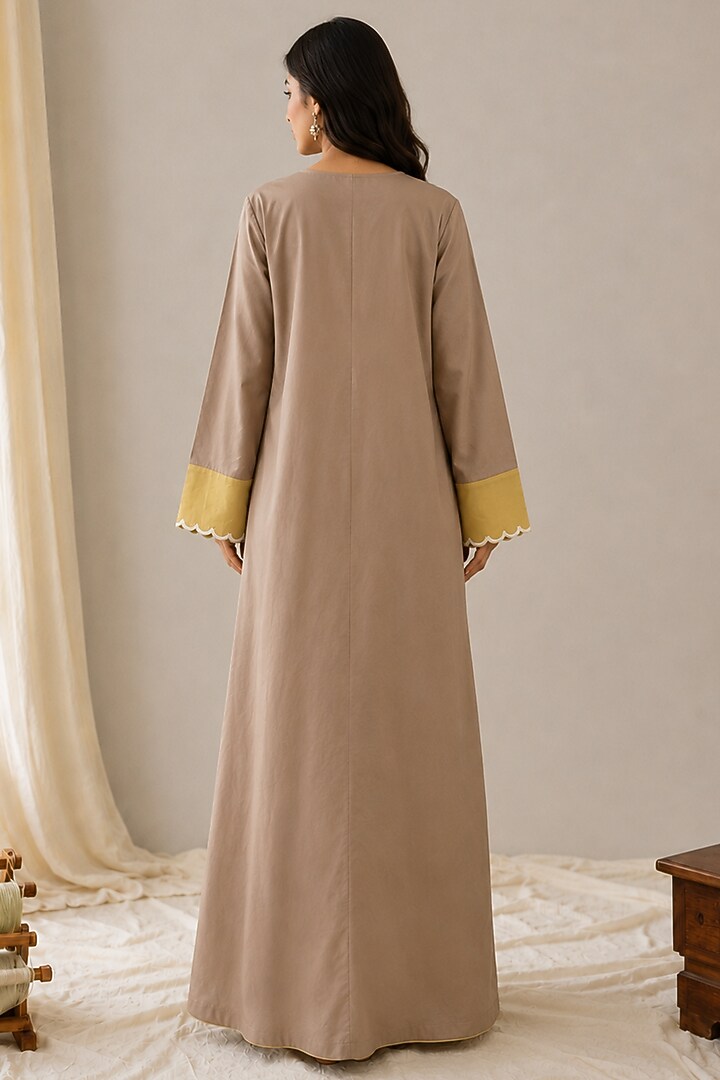 Beige & Yellow Linen Aari Embroidered Maxi Summer Dress by Wazir C at Pernia's Pop Up Shop
