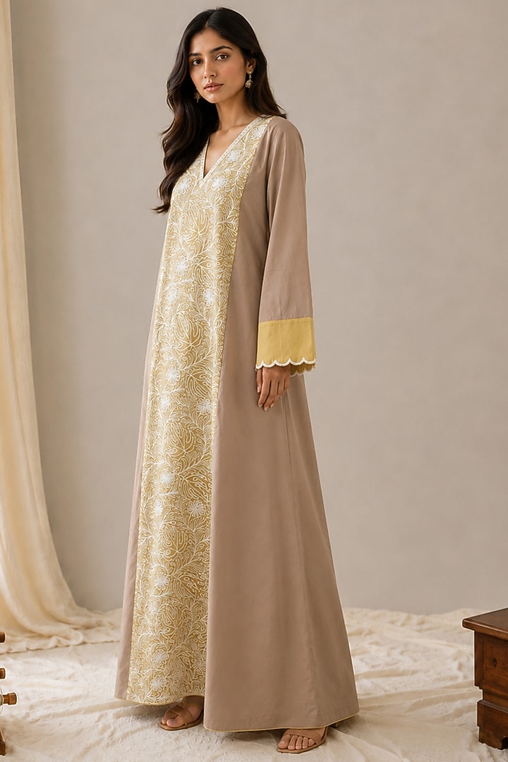 Beige & Yellow Linen Aari Embroidered Maxi Summer Dress by Wazir C at Pernia's Pop Up Shop
