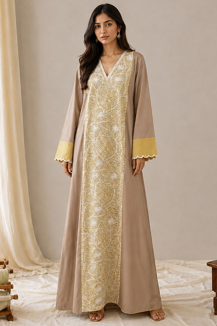 Beige & Yellow Linen Aari Embroidered Maxi Summer Dress by Wazir C at Pernia's Pop Up Shop