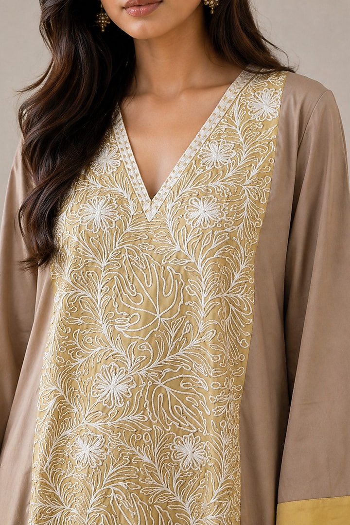 Beige & Yellow Linen Aari Embroidered Maxi Summer Dress by Wazir C at Pernia's Pop Up Shop