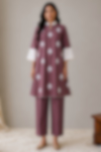 Mauve Linen Kashmiri Embroidered Co-Ord Set by Wazir C at Pernia's Pop Up Shop