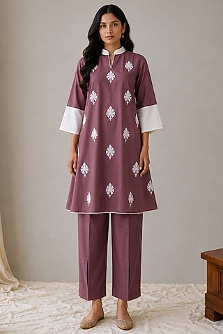 Mauve Linen Kashmiri Embroidered Co-Ord Set by Wazir C