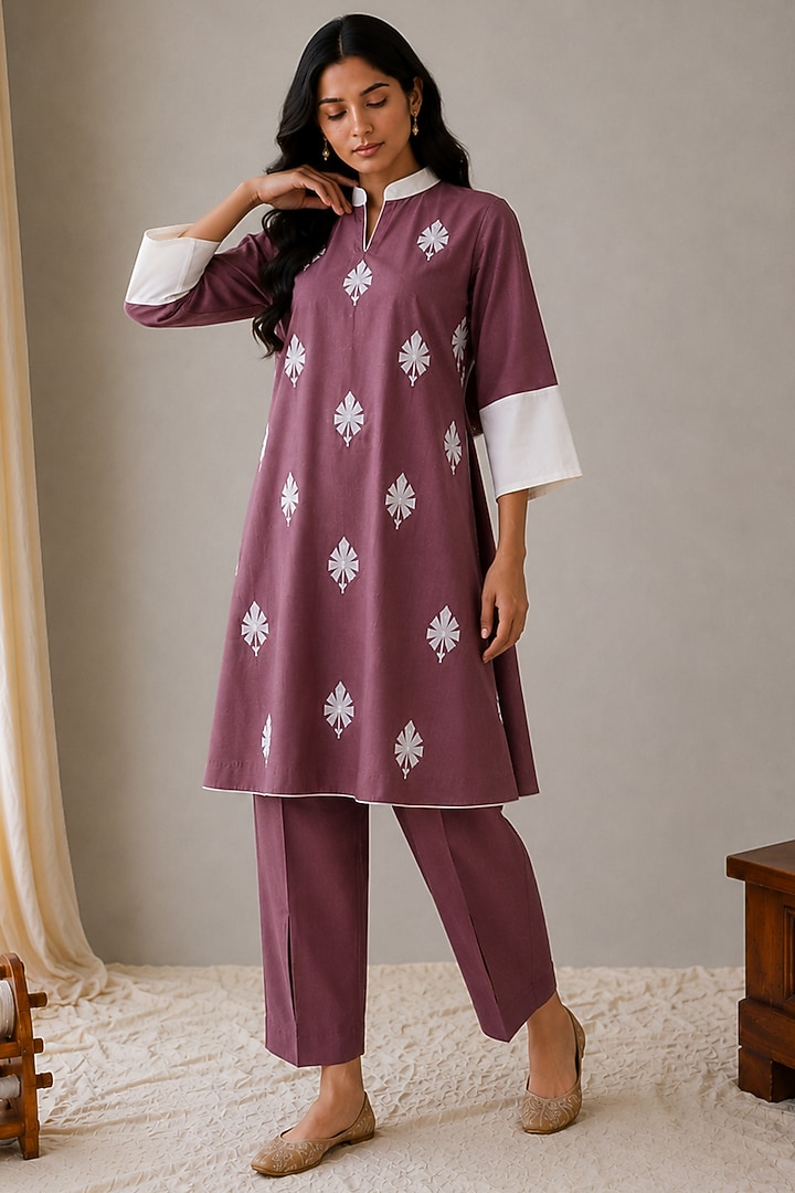 Mauve Linen Kashmiri Embroidered Co-Ord Set by Wazir C at Pernia's Pop Up Shop