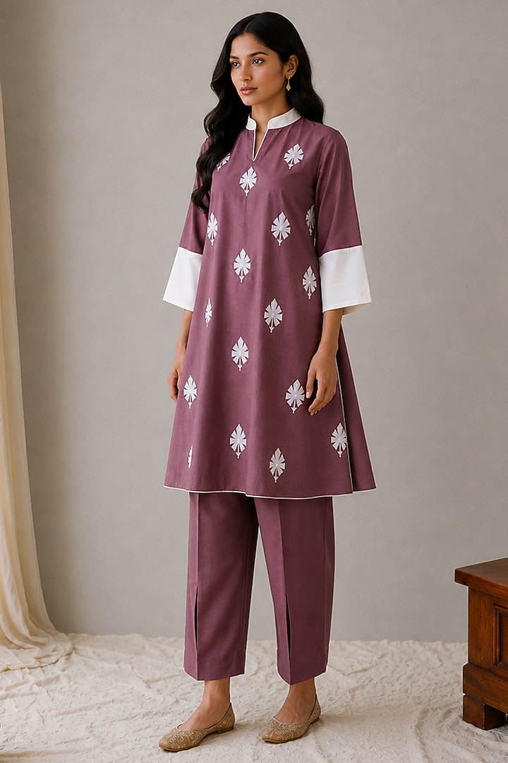 Mauve Linen Kashmiri Embroidered Co-Ord Set by Wazir C at Pernia's Pop Up Shop