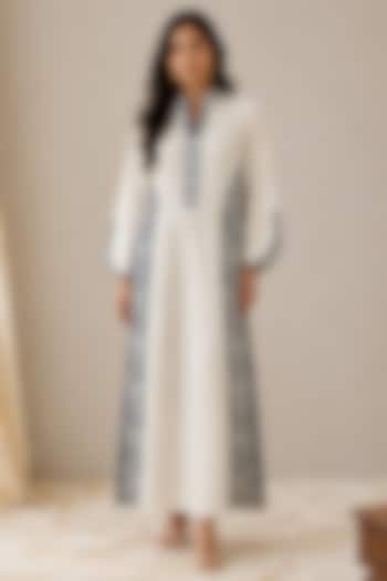 White Linen Kashmiri Embroidered Maxi Vacation Dress by Wazir C at Pernia's Pop Up Shop